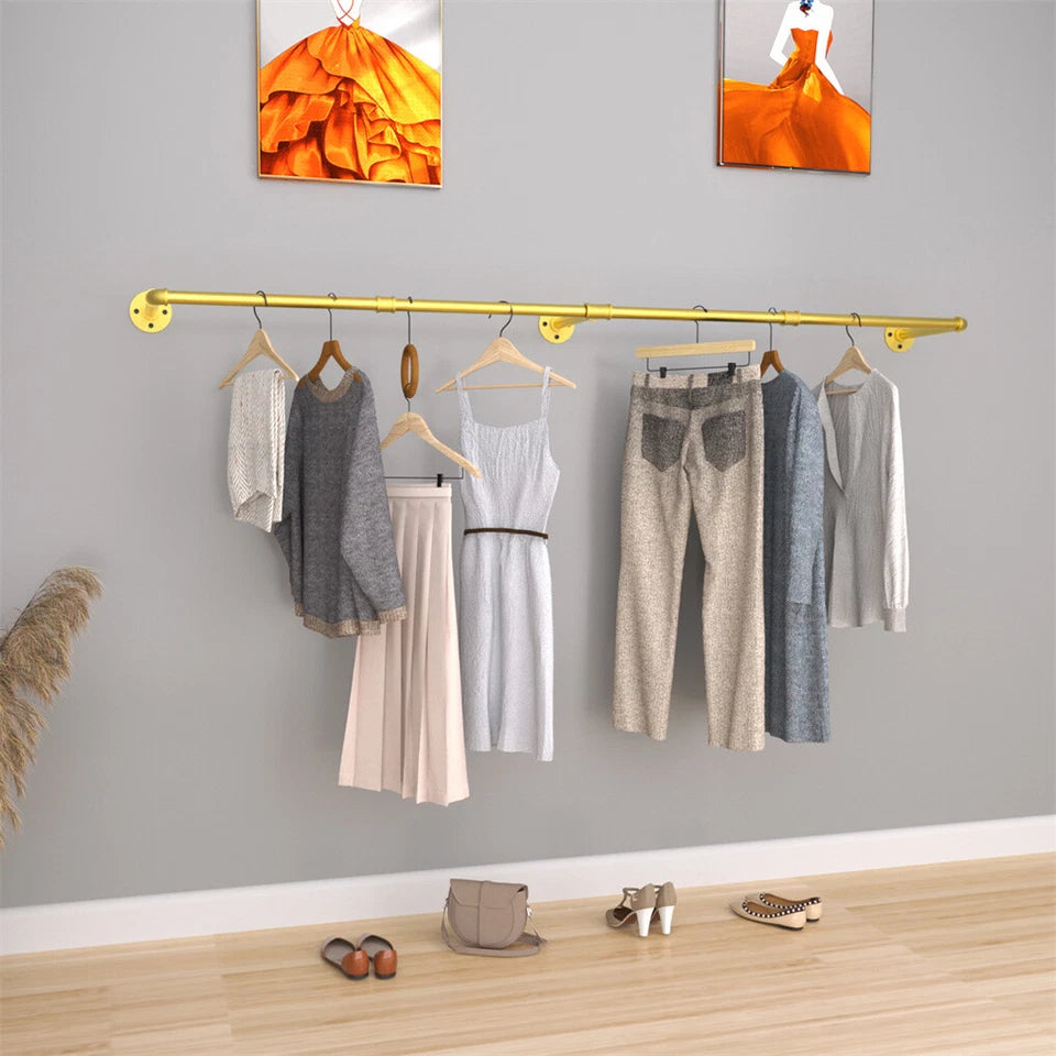 Vintage Gold Wall-Mounted Clothes Rack – Strong Metal Garment Hanging Rail