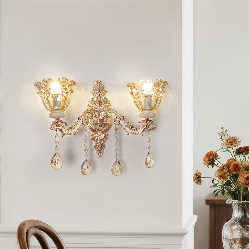 Rococo Gold Wall Sconce Floral Bedside Wall Lamp with Beveled Crystal Lighting for Hallway & Living Room