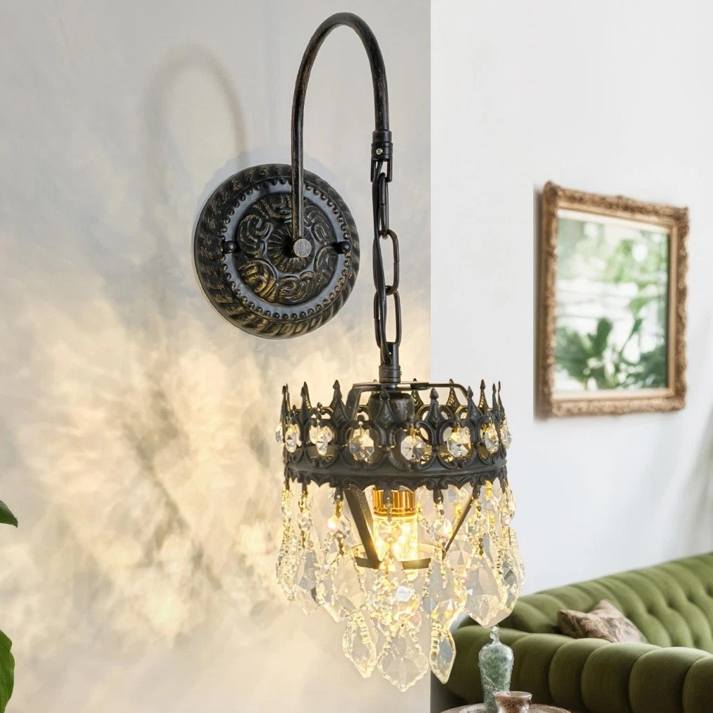 Vintage Wall Light Sconce with Clear Crystals, Black and Gold Glass Wall Lamp, 3-Mode Dimmable LED E14 Lighting Fixture for Home, Bathroom, Dining Room, Hallway