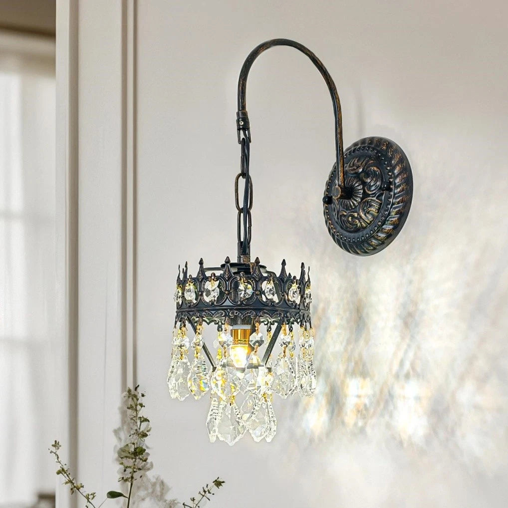 Vintage Wall Light Sconce with Clear Crystals, Black and Gold Glass Wall Lamp, 3-Mode Dimmable LED E14 Lighting Fixture for Home, Bathroom, Dining Room, Hallway