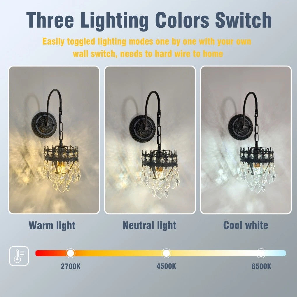 Vintage Wall Light Sconce with Clear Crystals, Black and Gold Glass Wall Lamp, 3-Mode Dimmable LED E14 Lighting Fixture for Home, Bathroom, Dining Room, Hallway