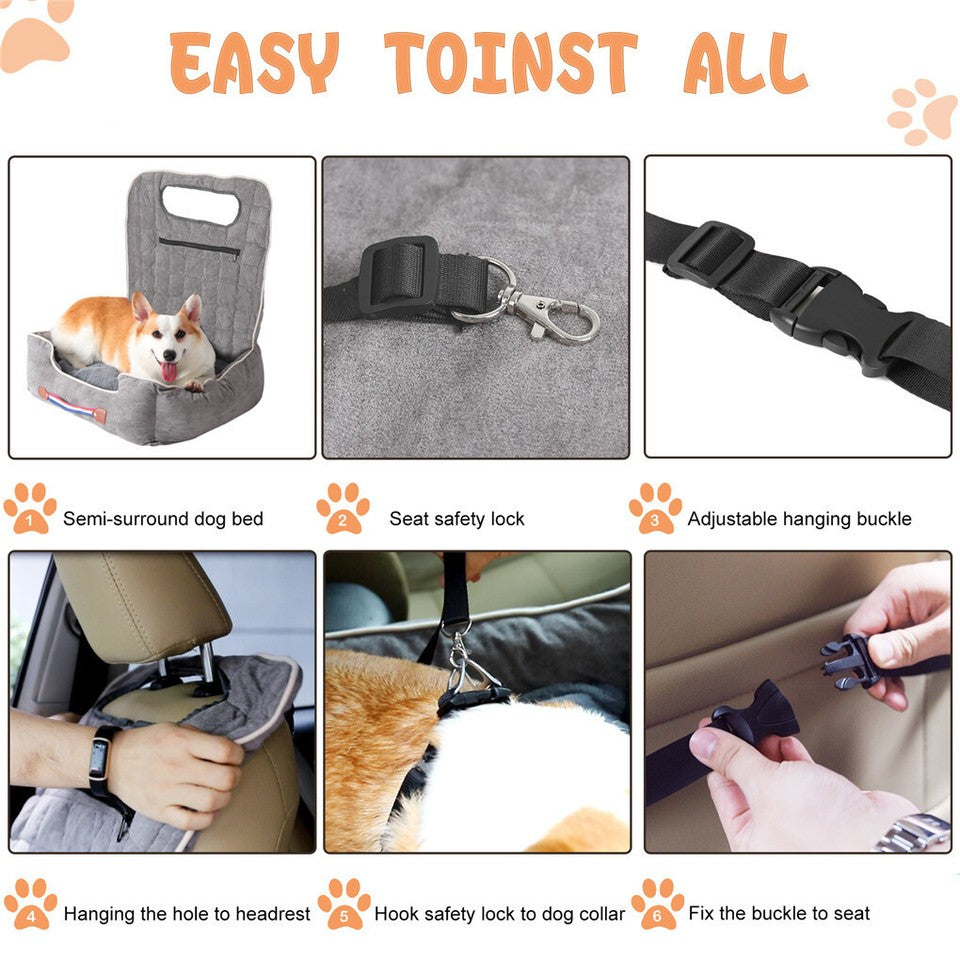 Large Cozy Dog Car Booster Double-Side Cushion Pet Travel Bed with Adjustable Strap