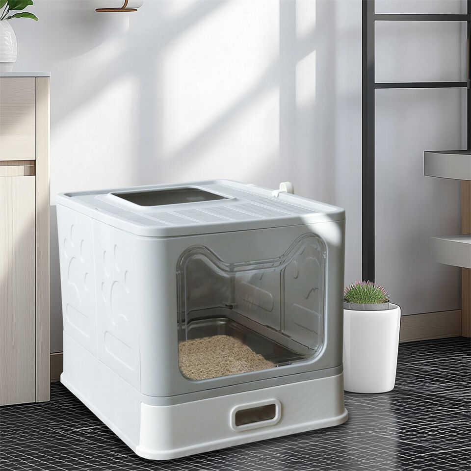 Stainless Steel Enclosed Cat Litter Box Top Exit Pet Toilet Box w/ Litter Scoop