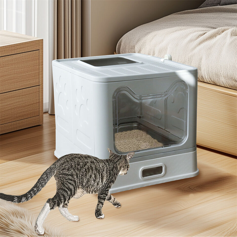 Stainless Steel Enclosed Cat Litter Box Top Exit Pet Toilet Box w/ Litter Scoop