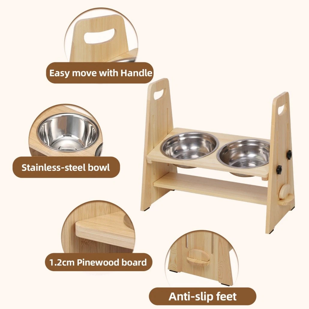 Wooden Elevated Dog Food Bowl with 2 Stainless Steel Bowls Adjustable Pet Feeding Station for Dogs and Cats