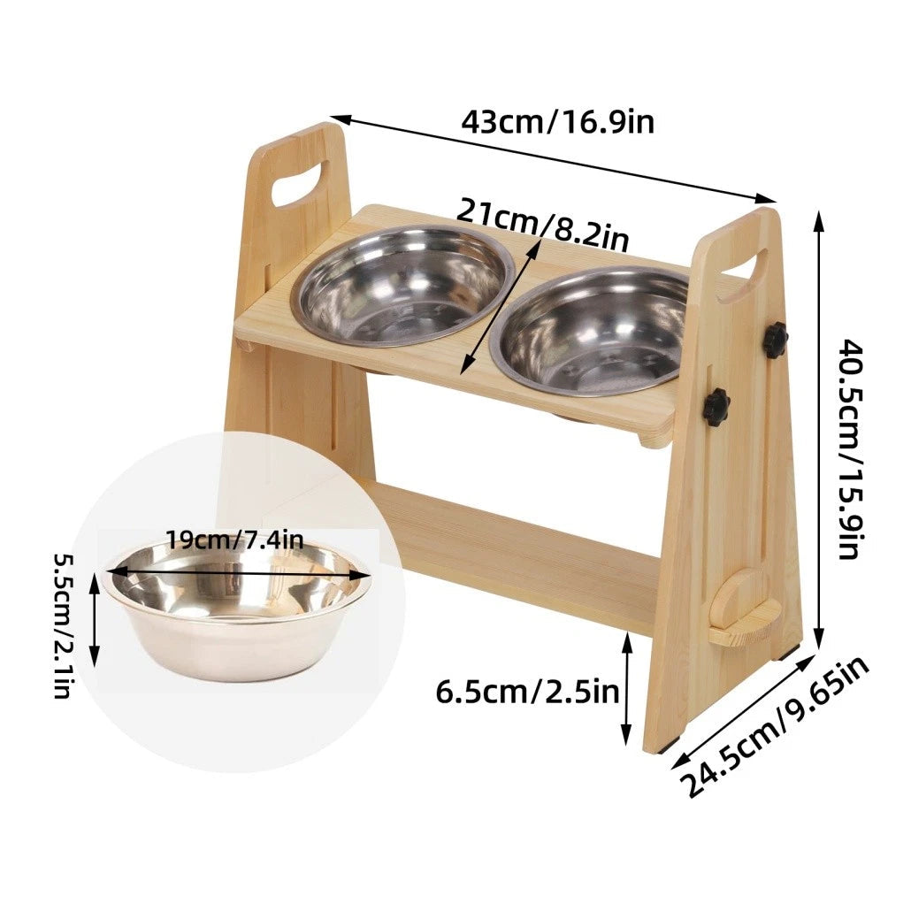 Wooden Elevated Dog Food Bowl with 2 Stainless Steel Bowls Adjustable Pet Feeding Station for Dogs and Cats