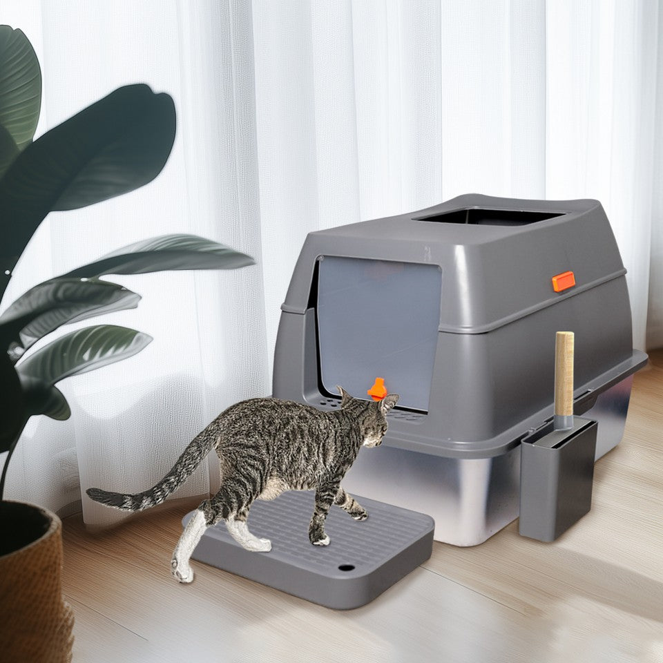 65L Big Cat Stainless Steel Litter Box With Lid High Wall With Triple Pedal Gray