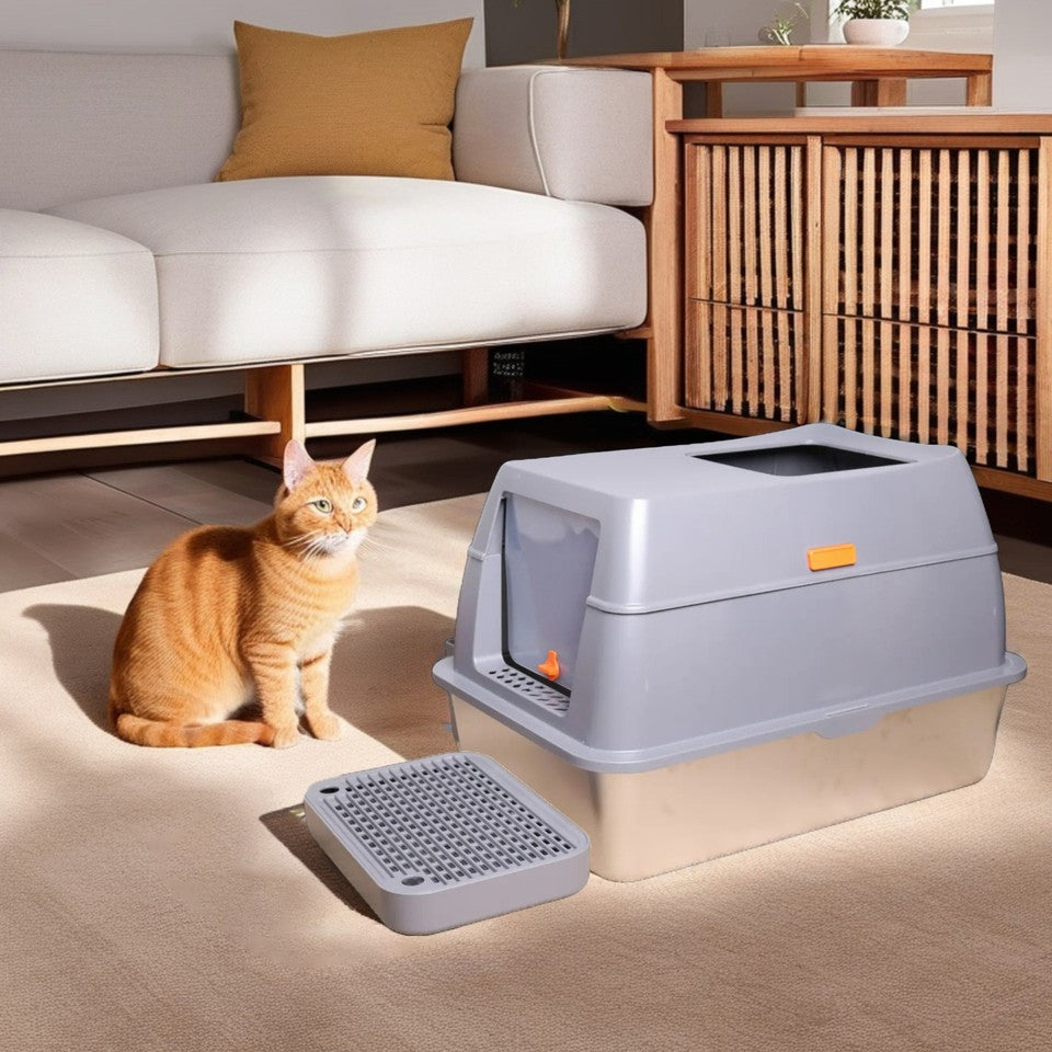 65L Big Cat Stainless Steel Litter Box With Lid High Wall With Triple Pedal Gray