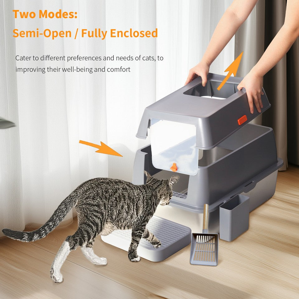 65L Big Cat Stainless Steel Litter Box With Lid High Wall With Triple Pedal Gray