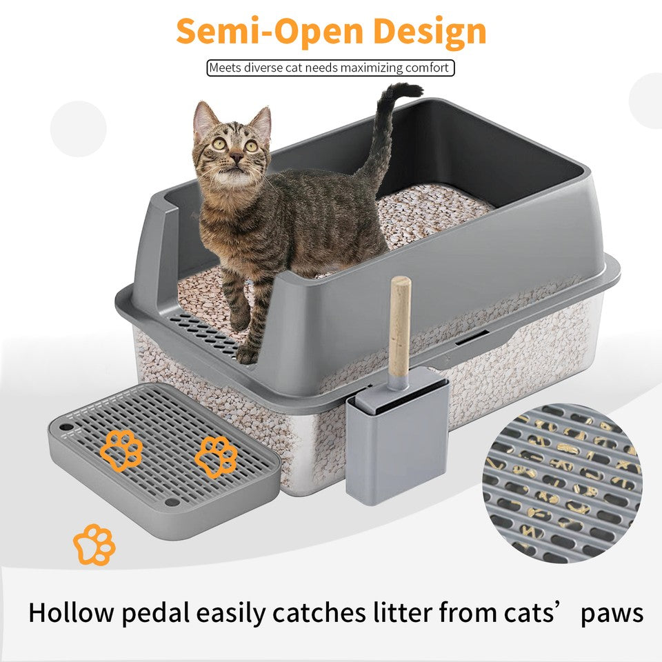 65L Big Cat Stainless Steel Litter Box With Lid High Wall With Triple Pedal Gray