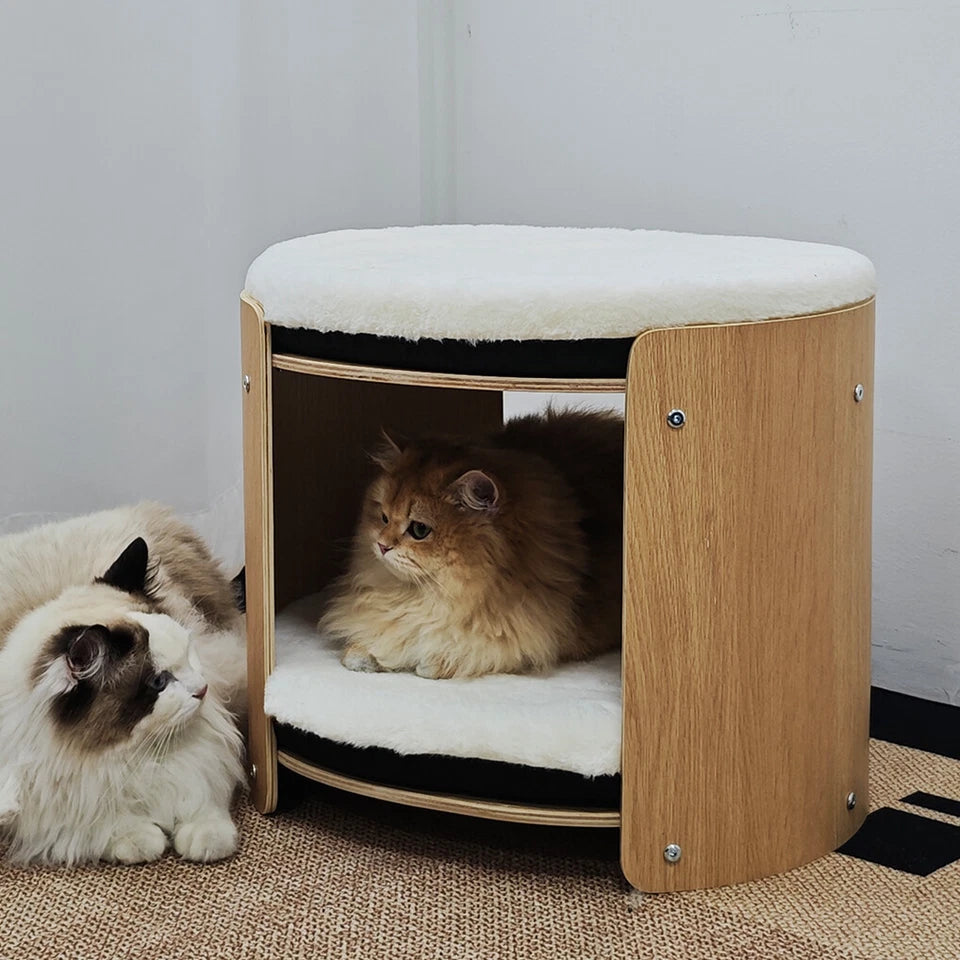 Natural Wood Cat Bunk Bed with Cushioned Two Tiers for Stylish Pet Comfort