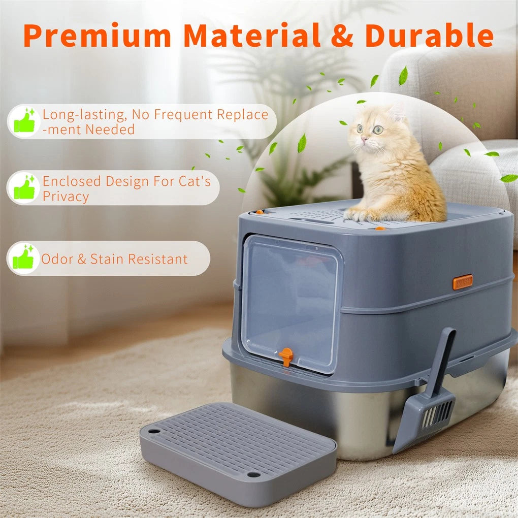 P&P Jumbo Stainless Steel Cat Litter Box for Multi-Cats Large Toilet Box with Removable Lid