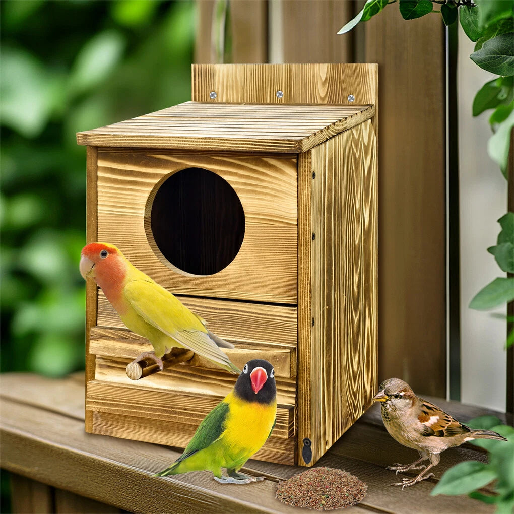 Large Wooden Screech Owl House Nesting Box with Perch - Outdoor Birdhouse for Garden Trees