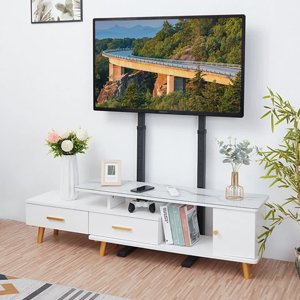 Double Pole Adjustable Tv Cart Floor Stand Mount For 32 to 65Inch
