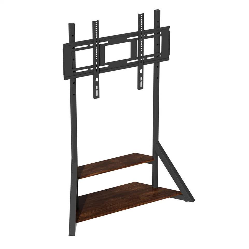 2 Tiers Rustic Wood Shelves Heavy Duty Universal Tv Floor Stand For 32-75 Inches