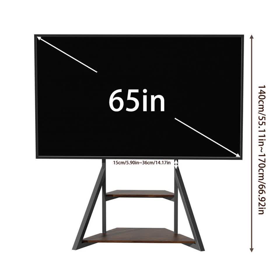 2 Tiers Rustic Wood Shelves Heavy Duty Universal Tv Floor Stand For 32-75 Inches