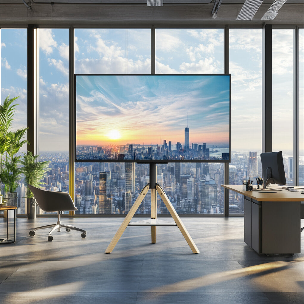 FIN 32-75 Inch Swivel Tripod TV Stand Stable Wooden Legs TV Mount with Marble Shelf