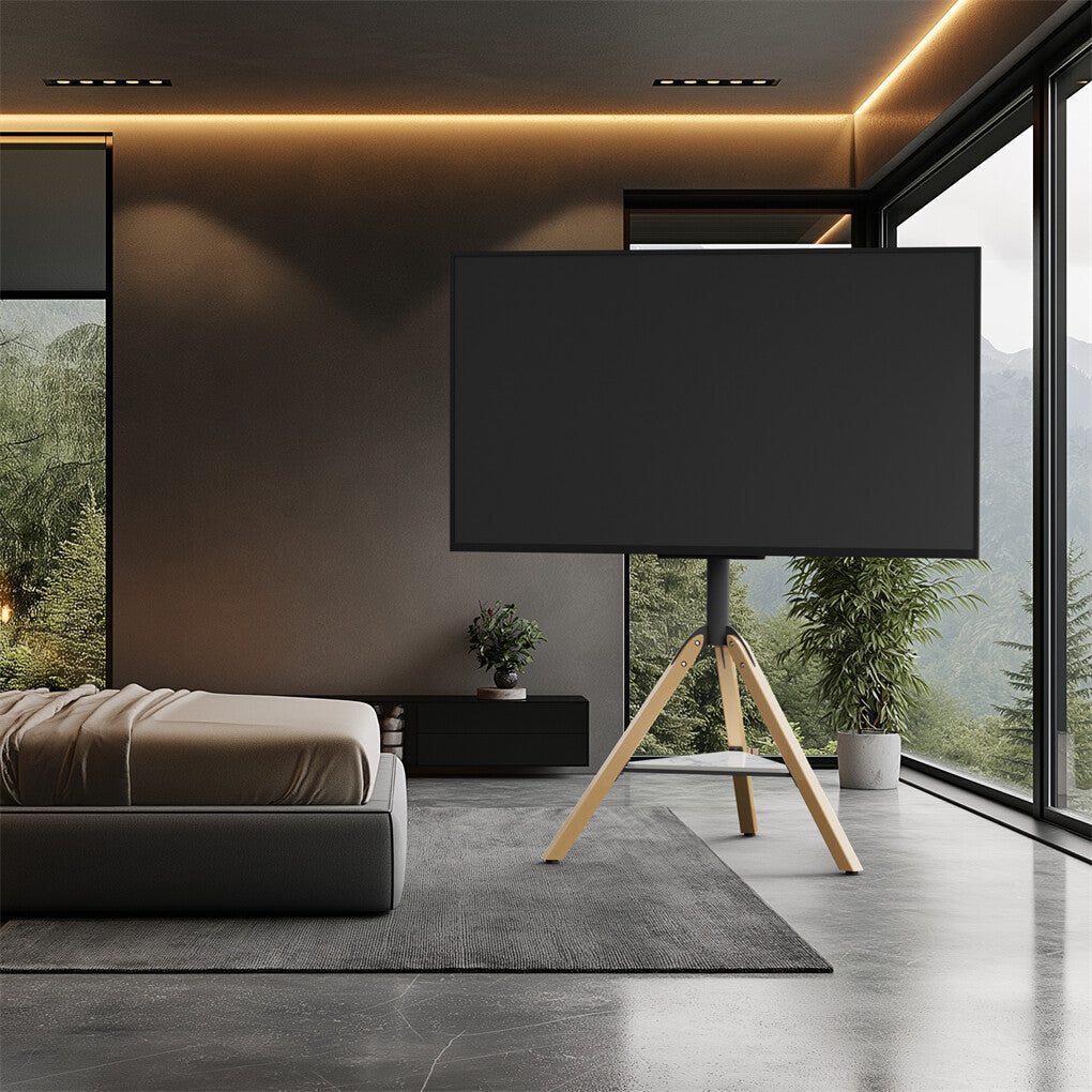 FIN 32-75 Inch Swivel Tripod TV Stand Stable Wooden Legs TV Mount with Marble Shelf