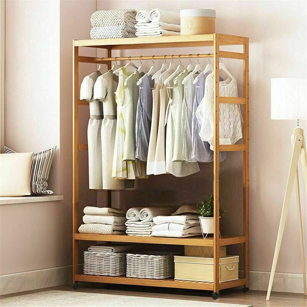 XXL Wooden Clothes Rail Coat Rack with Wheels – Open Wardrobe Organizer