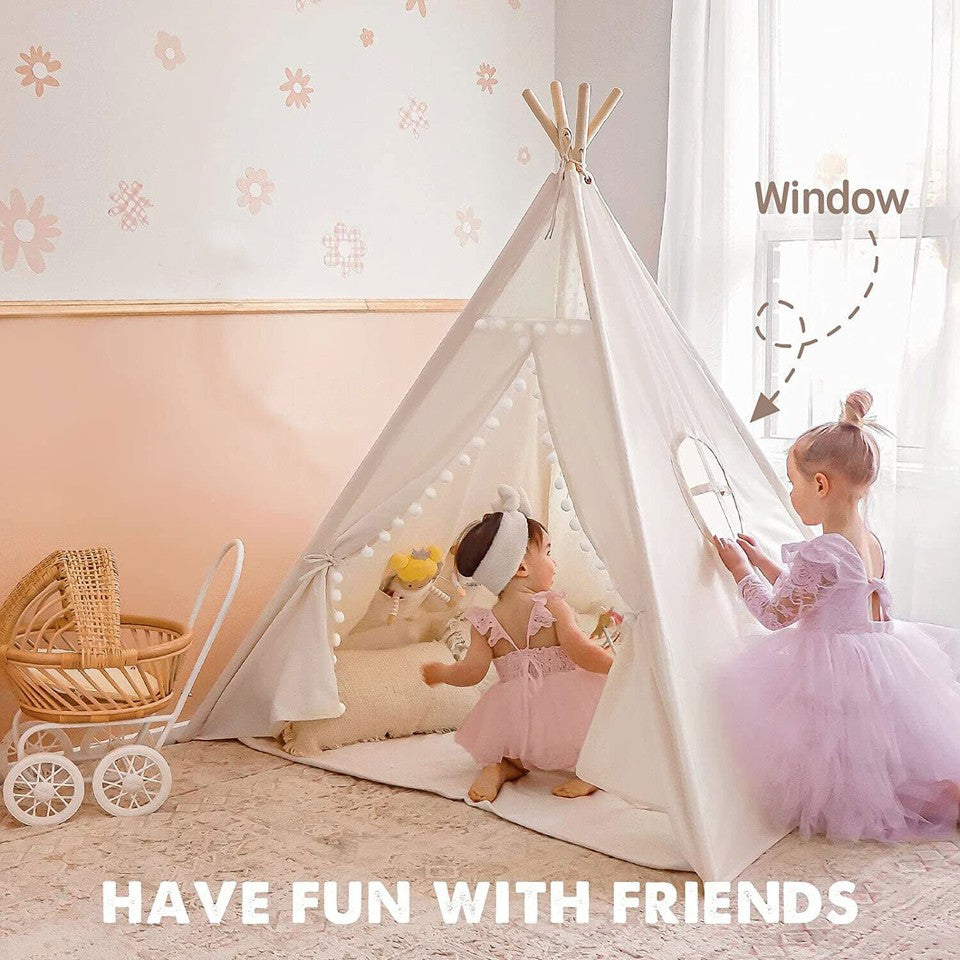 Xxl Kids Play Teepee Tent Indoor Boho Tent Foldable Tipi With Window/Pompom/Mat