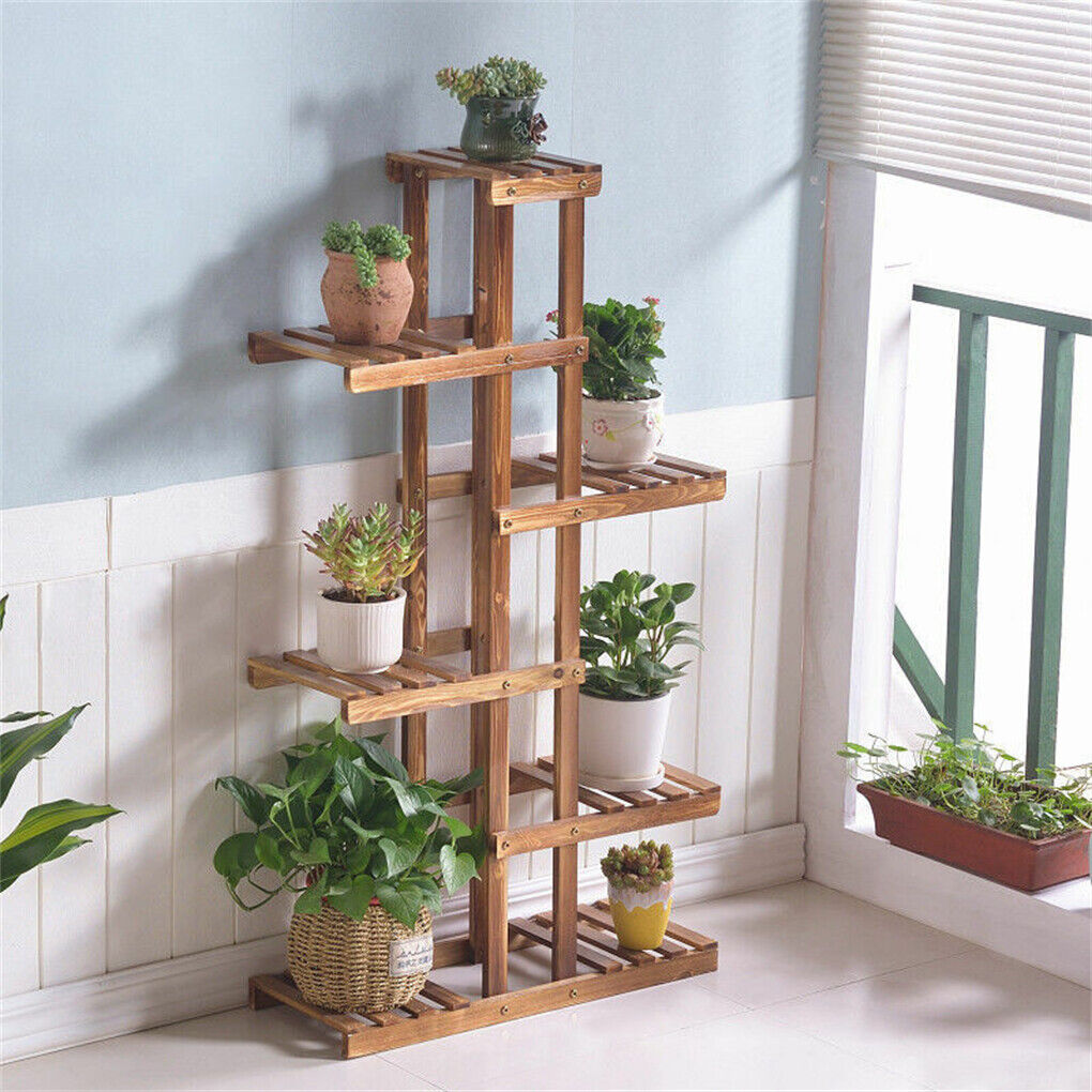 Fin Xxl Carbonized Wood Plant Stand 11 Pots Bonsai Display Shelf Flower Rack Corner