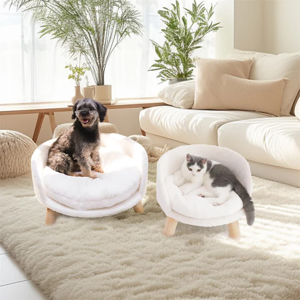 Pet Sofa Bed with Plush Cushion & Wooden Legs