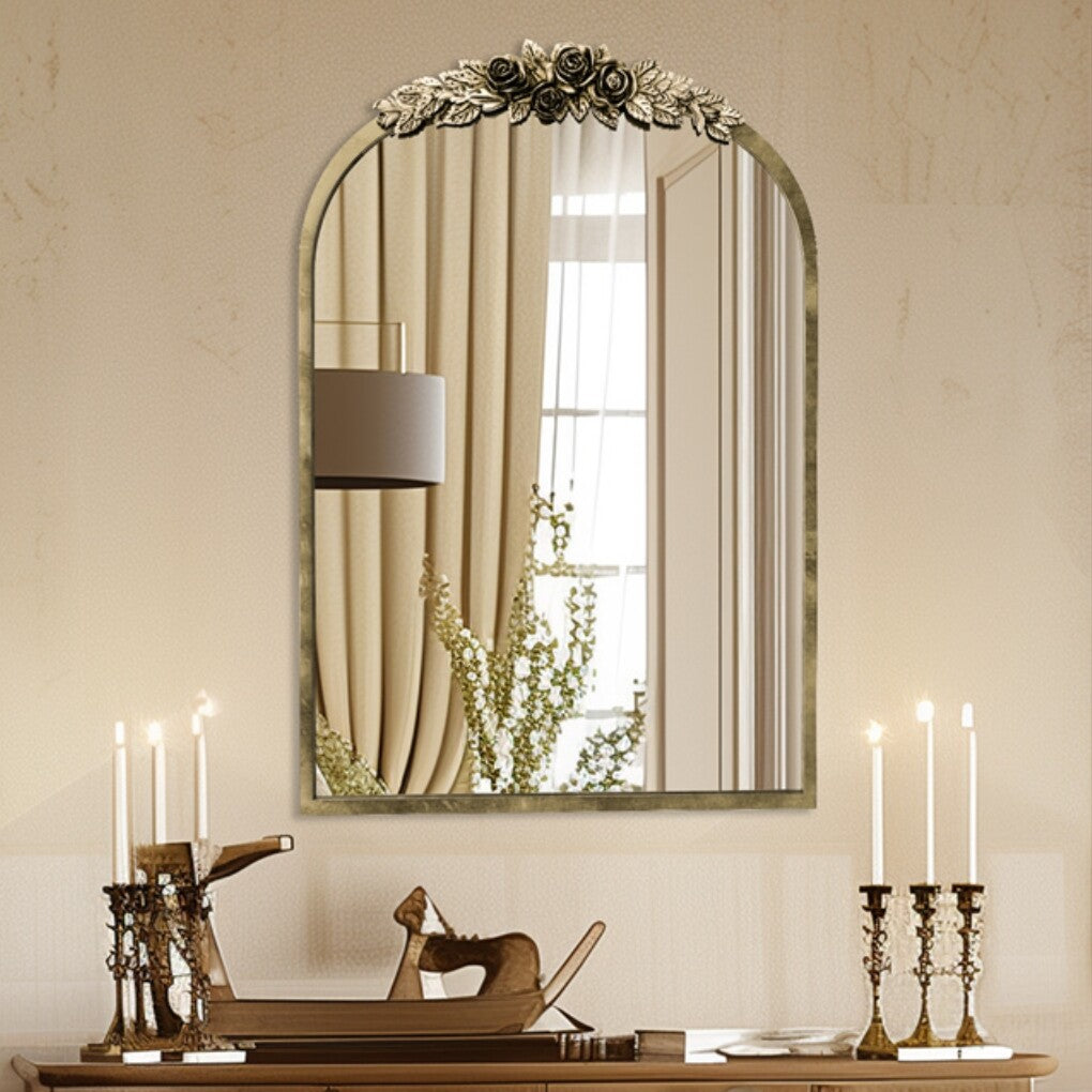 Antique Baroque Arched Wall Mirror Rose Edge Decorative Mirror Fireplace Entryway