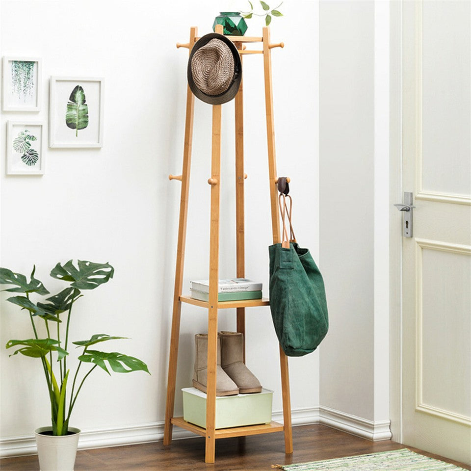 3 Layer 8 Hooks Shelf Clothes Coat Hat Rack Tree Stand Bamboo Hanger Organizer