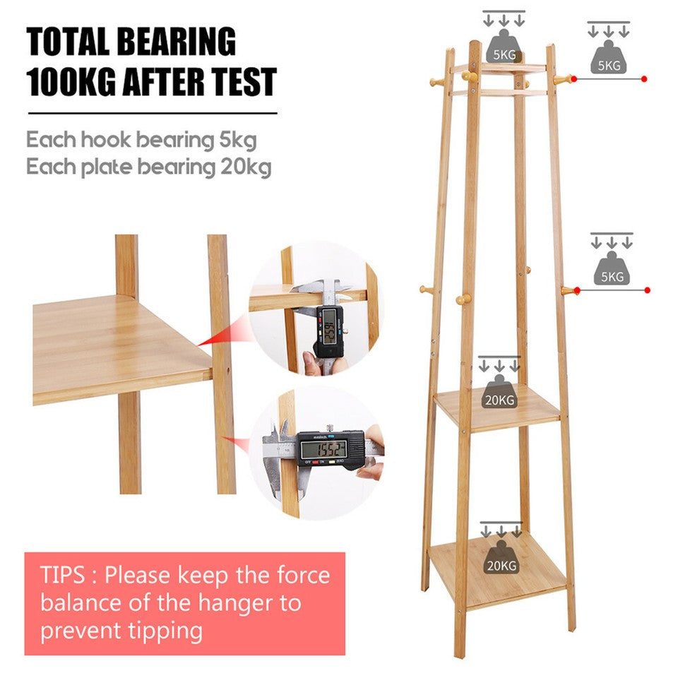 3 Layer 8 Hooks Shelf Clothes Coat Hat Rack Tree Stand Bamboo Hanger Organizer