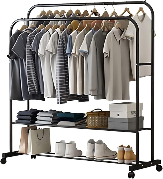 Fin Heavy Thicken Metal Double Clothes Rail Sturdy Open Hanging Shelf Storage Rack
