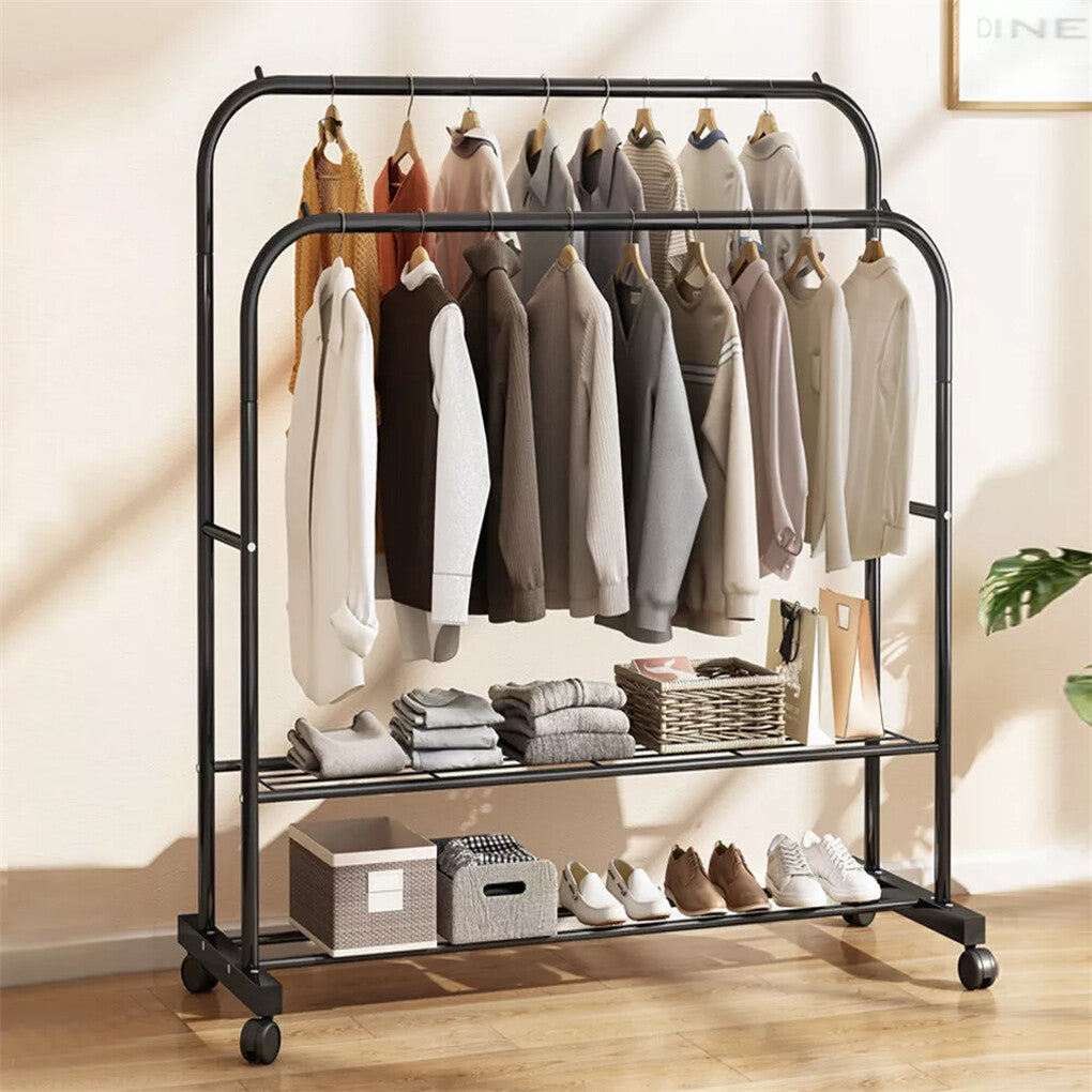 Fin Heavy Thicken Metal Double Clothes Rail Sturdy Open Hanging Shelf Storage Rack