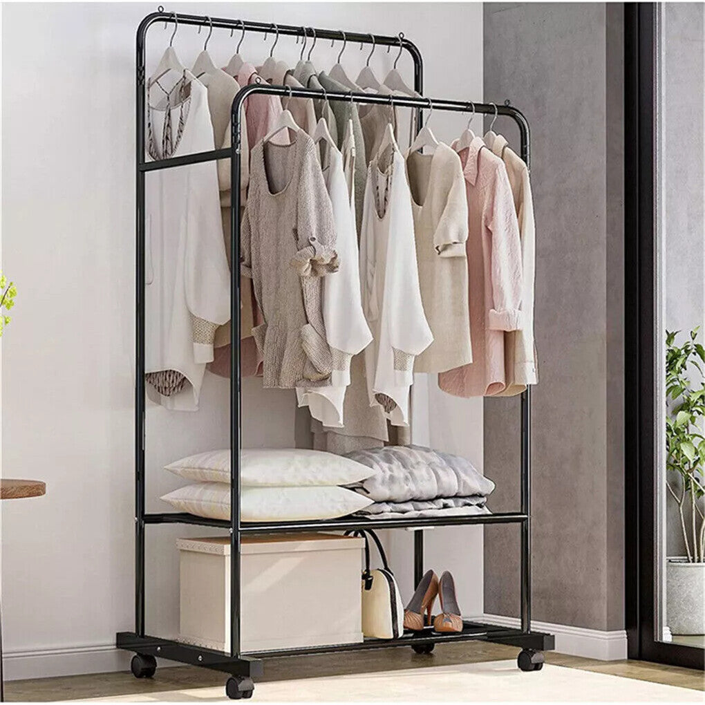 Fin Heavy Thicken Metal Double Clothes Rail Sturdy Open Hanging Shelf Storage Rack