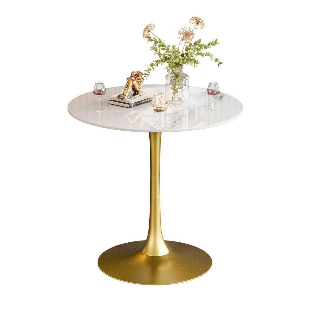 100cm Round High Bar Table Sintered Stone Top Bistro Pub Table White Top with Gold Legs