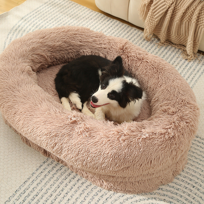Fluffy Donut-Shaped Pet Bed- Soft, Cozy, and Anti-Anxiety for Dogs and Cats, Machine Washable Beige Brown Size:S 60*15*18cm
