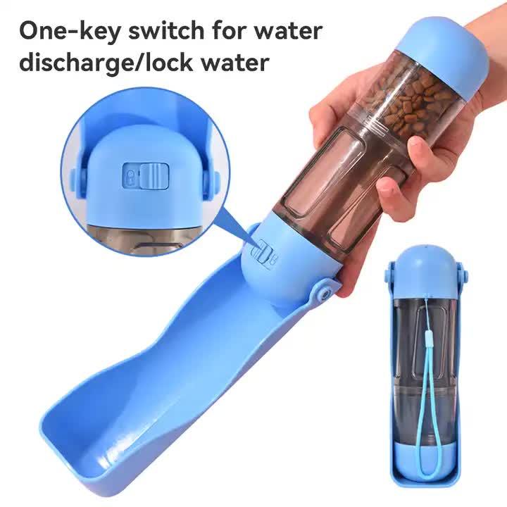 2-in-1 Portable Pet Water and Food Bottle - Leak-Proof Design with Water Lock and Easy Dispenser,300ml Water+200ml food feeder Blue Colour