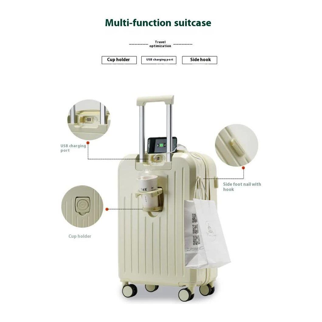 Smart Carry-On Luggage with Cup Holder & USB Charging Port - Yellow Color Spinner Suitcase for Travel Convenience 24 inch