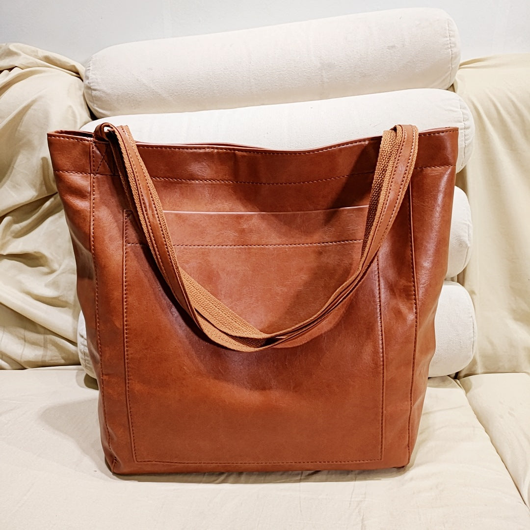 Vintage Genuine Leather Tote Bag - Stylish and Spacious Everyday Shoulder Bag (darker brown)