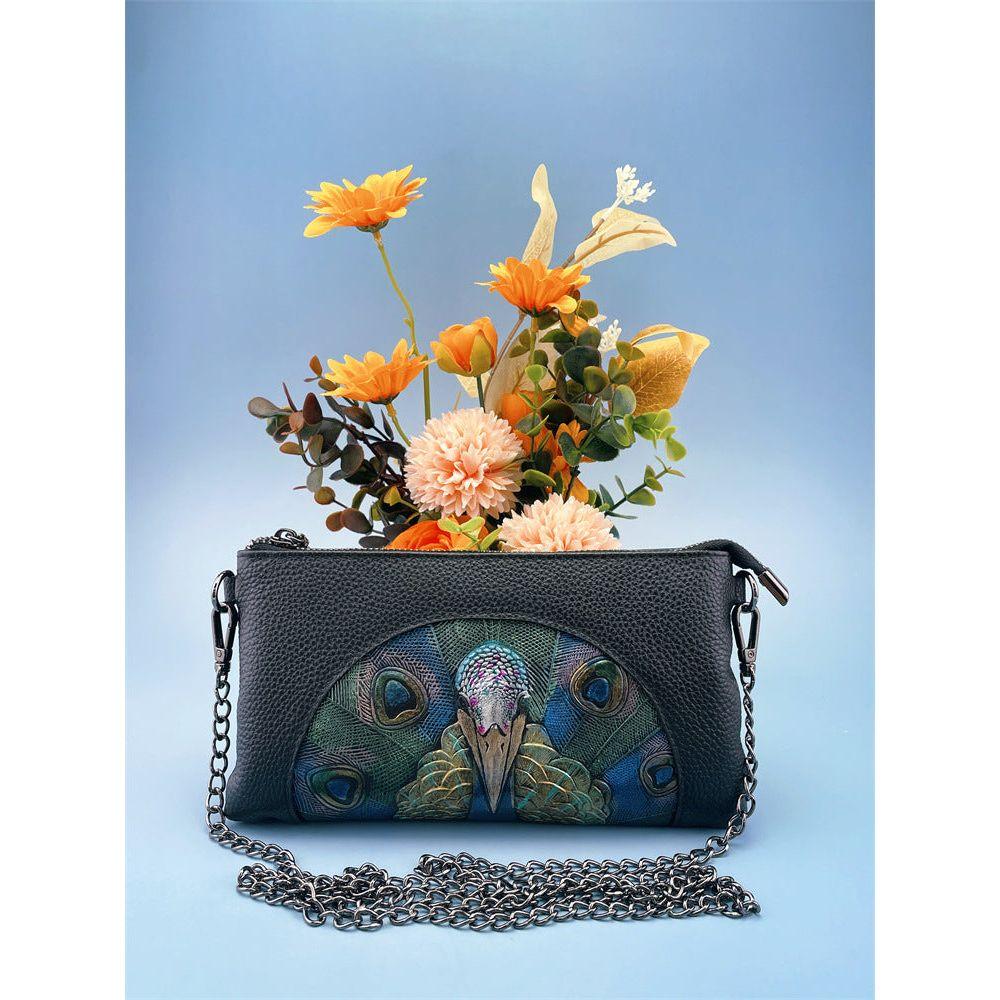 Women's Embossed Peacock Leather Wristlet Clutch - Elegant and Artistic Handbag 23*12*2cm