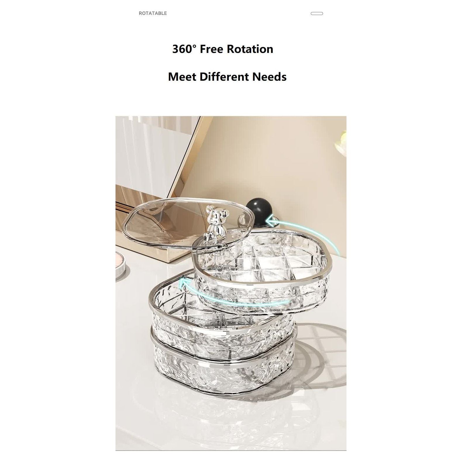 Elegant Crystal Stackable Jewelry Organizer with Bear Handle - 3-Tier Display Box for Accessories 13.4*13.4*14.2cm (grey)