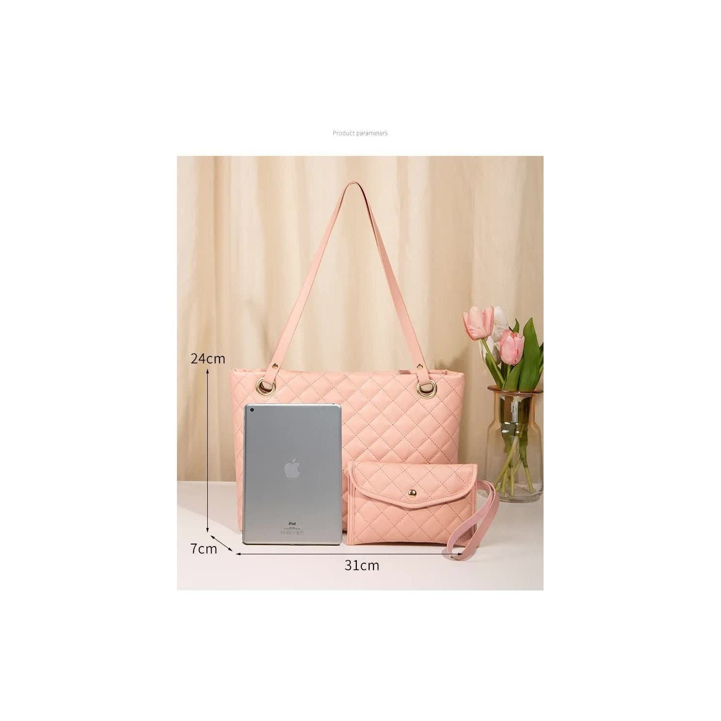 Elegant Quilted Tote Bag with Matching Clutch in Brown