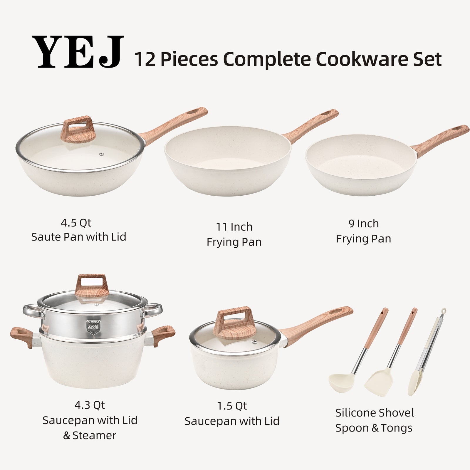 YEJ 12-Piece Non-Stick Complete Cookware Set | Pots, Pans & Utensils (White)
