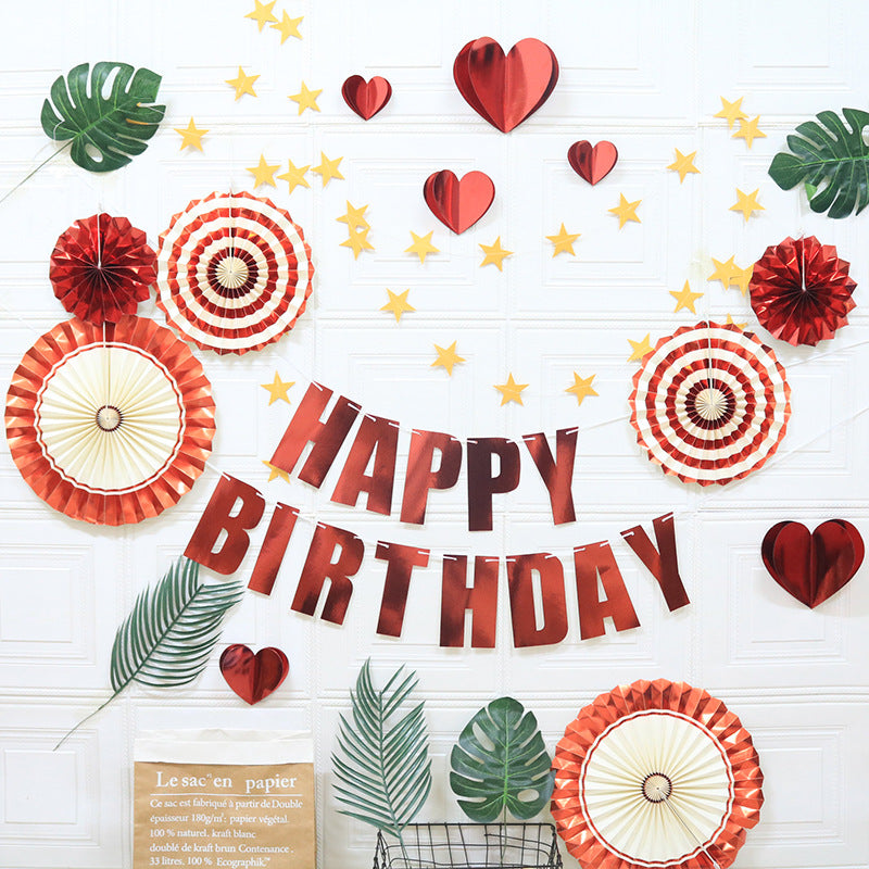 Happy Birthday Party Decoration Set - Fan Decorations, Hearts, Stars & Banner