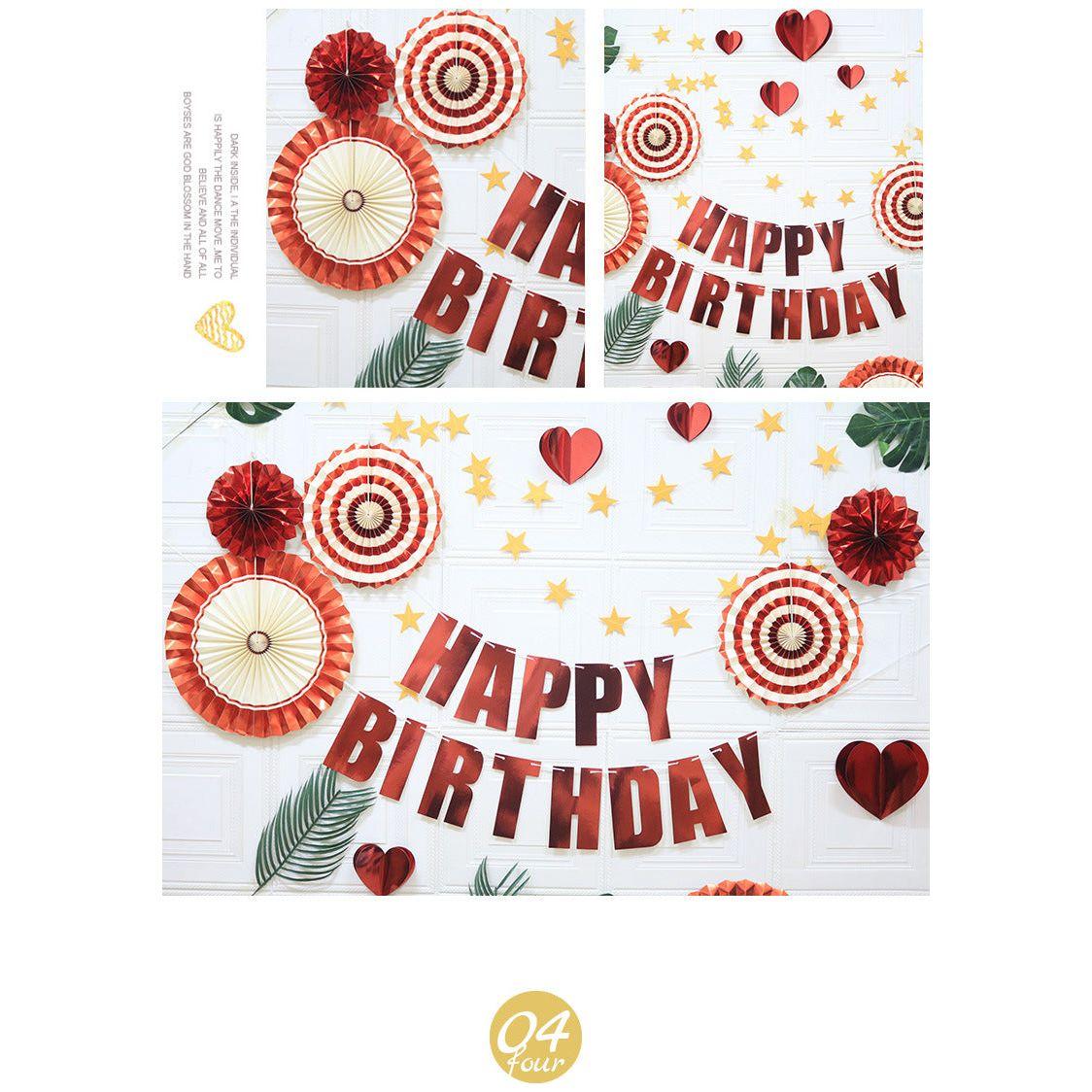 Happy Birthday Party Decoration Set - Fan Decorations, Hearts, Stars & Banner