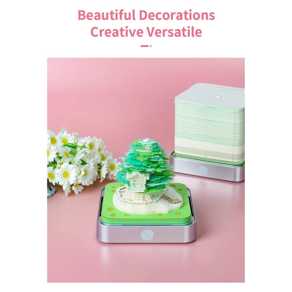 Green Tree House Blossom 3D Paper Sculpture Night Light with Memo Pad, Silver Base - Elegant Gift Set for Home & Office