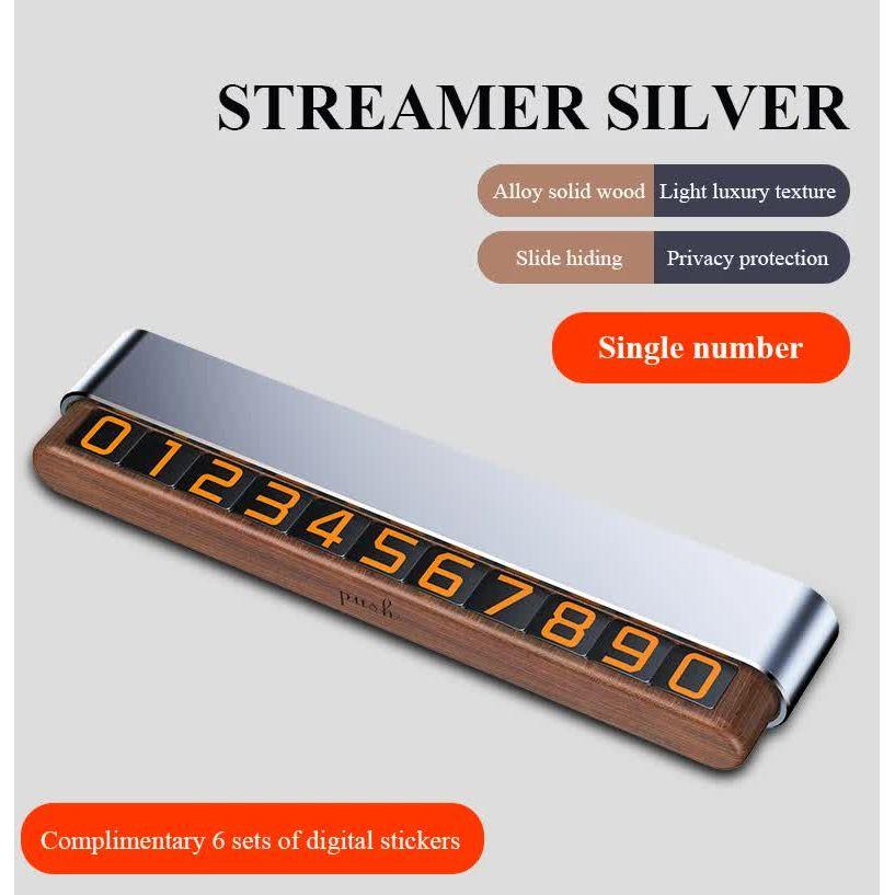 Silver Premium Alloy and Wood Temporary Parking Card - Sliding Design for Privacy, Includes 6 Number Sets