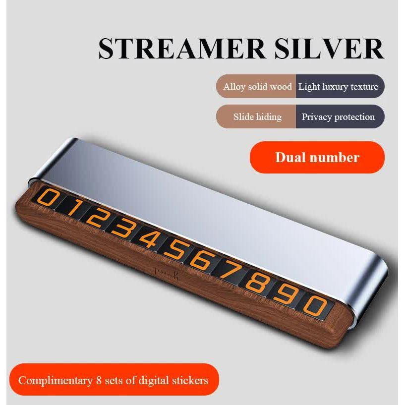 Silver Dual-Number Alloy and Wood Temporary Parking Card - Sliding Privacy Design, Includes 8 Number Sets