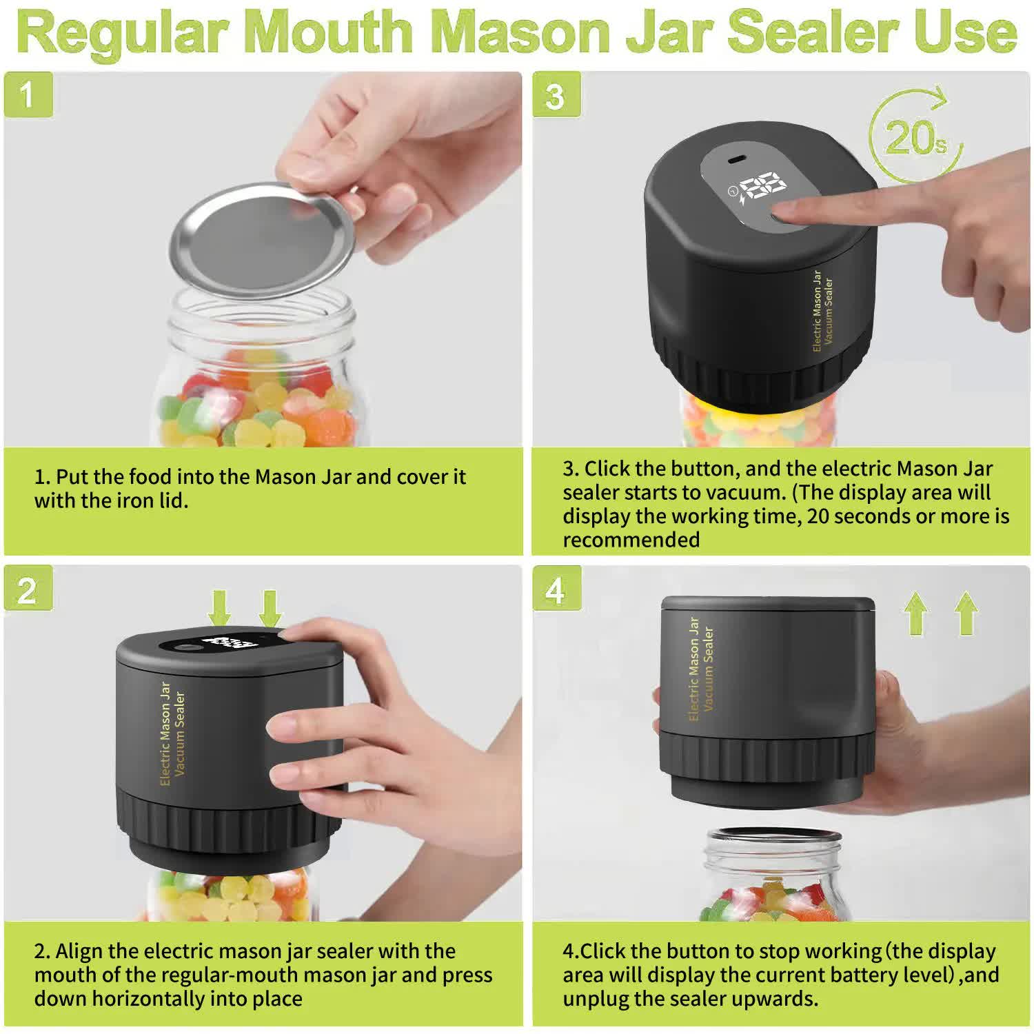 Portable Vacuum Sealer for Mason Jars,Regular Model KZ-80 (60 sec stop or manual stop) - Black Electric Food Preservation Machine with LED Display
