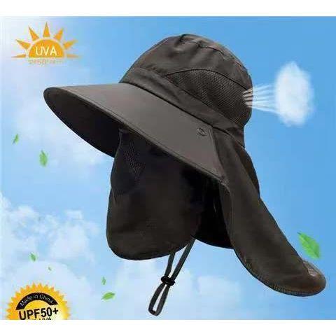 Black Outdoor UV Protection Hat for Men - Detachable Face & Neck Shield, Large Brim Sun Hat for Fishing, Hiking, and Outdoor Activities