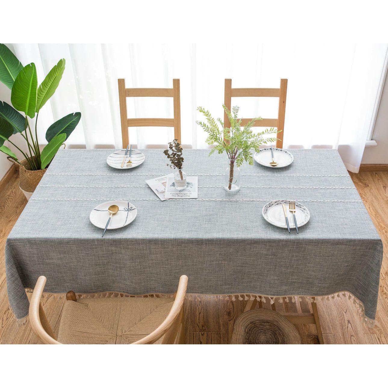 140*90cm Beige Striped Cotton Linen Embroidered Tassel Tablecloth - European & American Pastoral Style for Restaurants