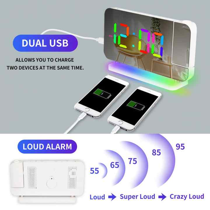White RGB LED Projection Alarm Clock, Multi-Color Night Light with Snooze Function, Home Decor Digital Clock